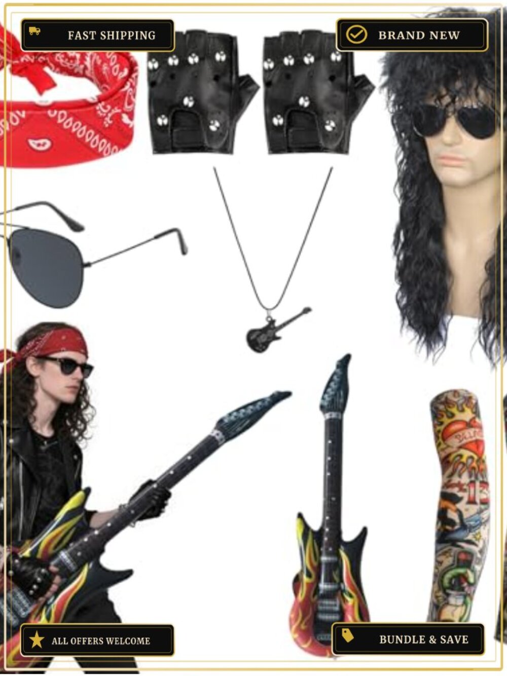 7 Piece Rockstar Costume Set 80s 90s Punk Accessories Wig Guitar
